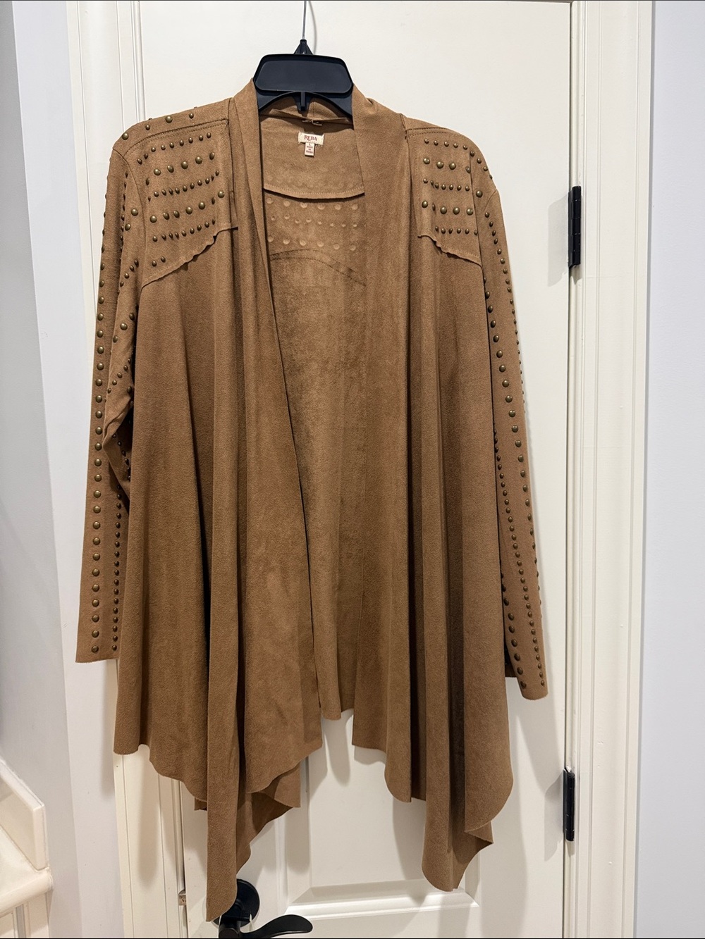 Reba Tan Brown Suede-Look Open Drape Cardigan with Stud Accents